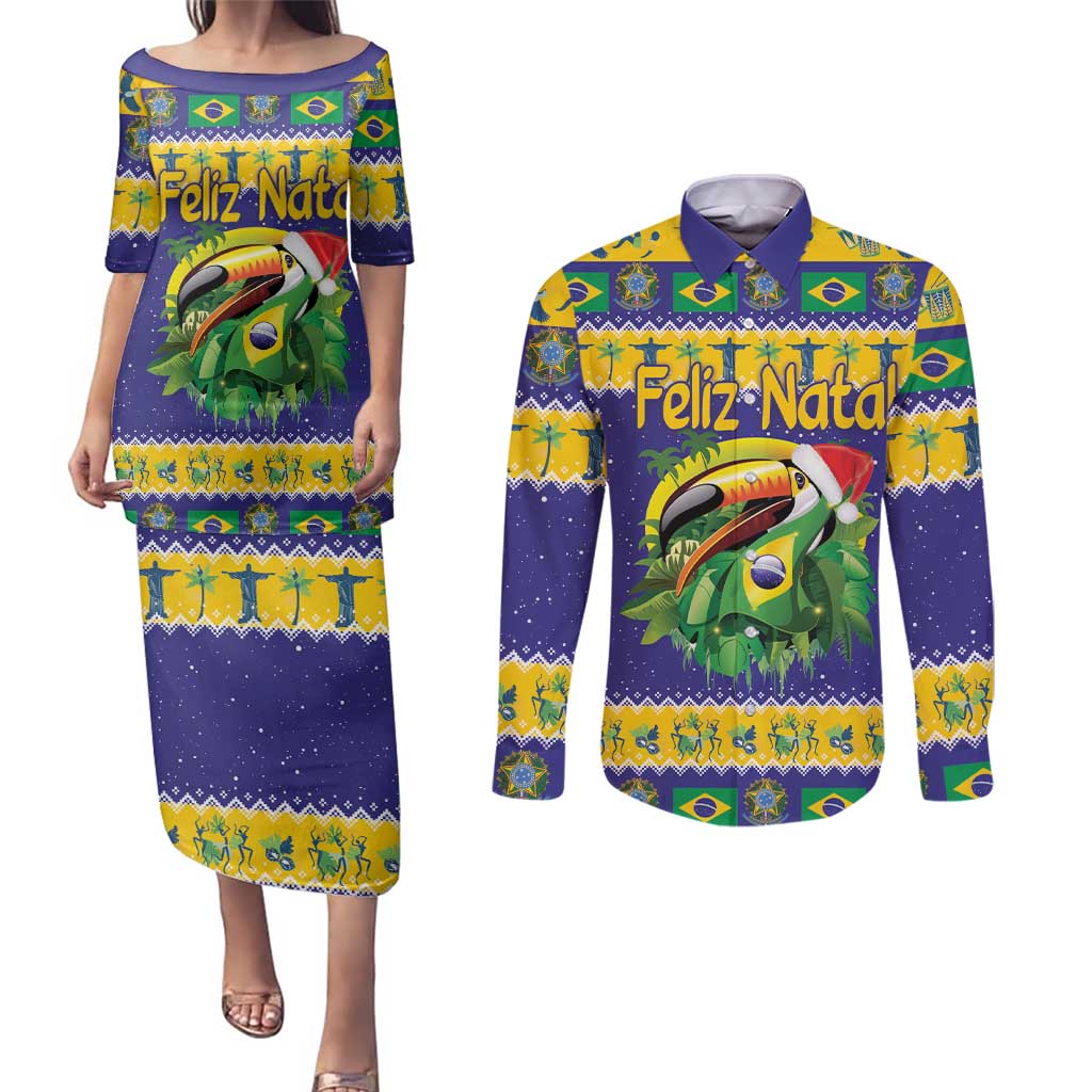 Personalized Brazil Christmas Couples Matching Puletasi and Long Sleeve Button Shirt Toco Toucan with Brazil Flag - Wonder Print Shop