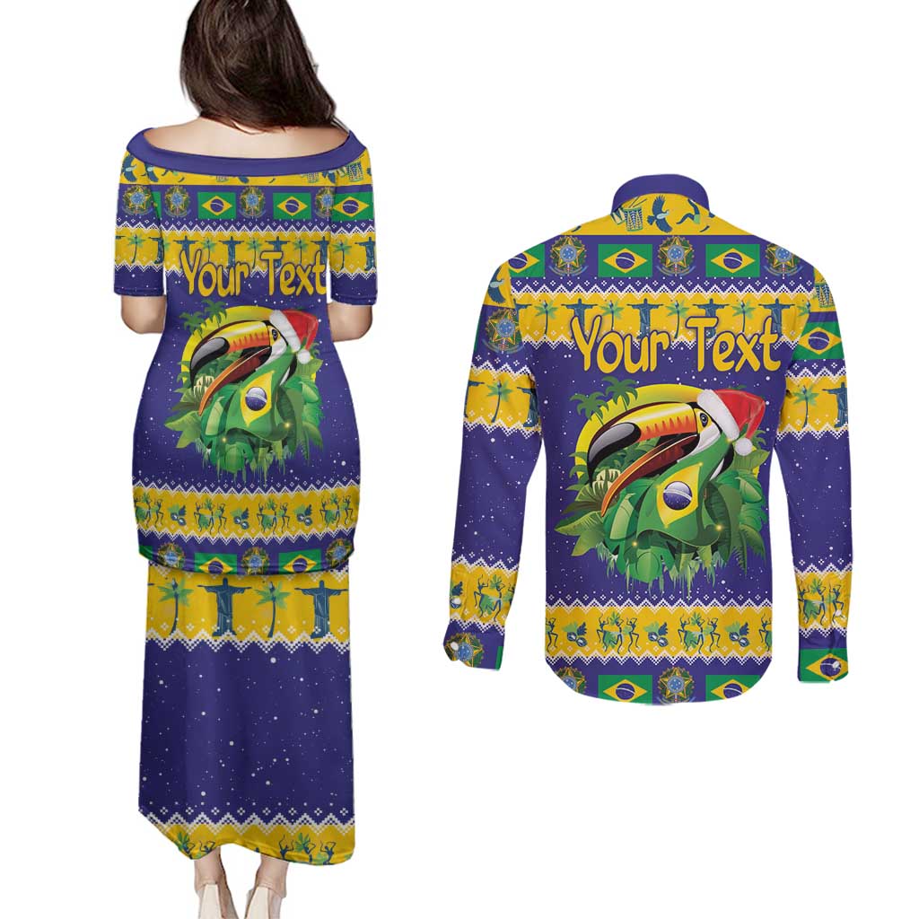 Personalized Brazil Christmas Couples Matching Puletasi and Long Sleeve Button Shirt Toco Toucan with Brazil Flag - Wonder Print Shop