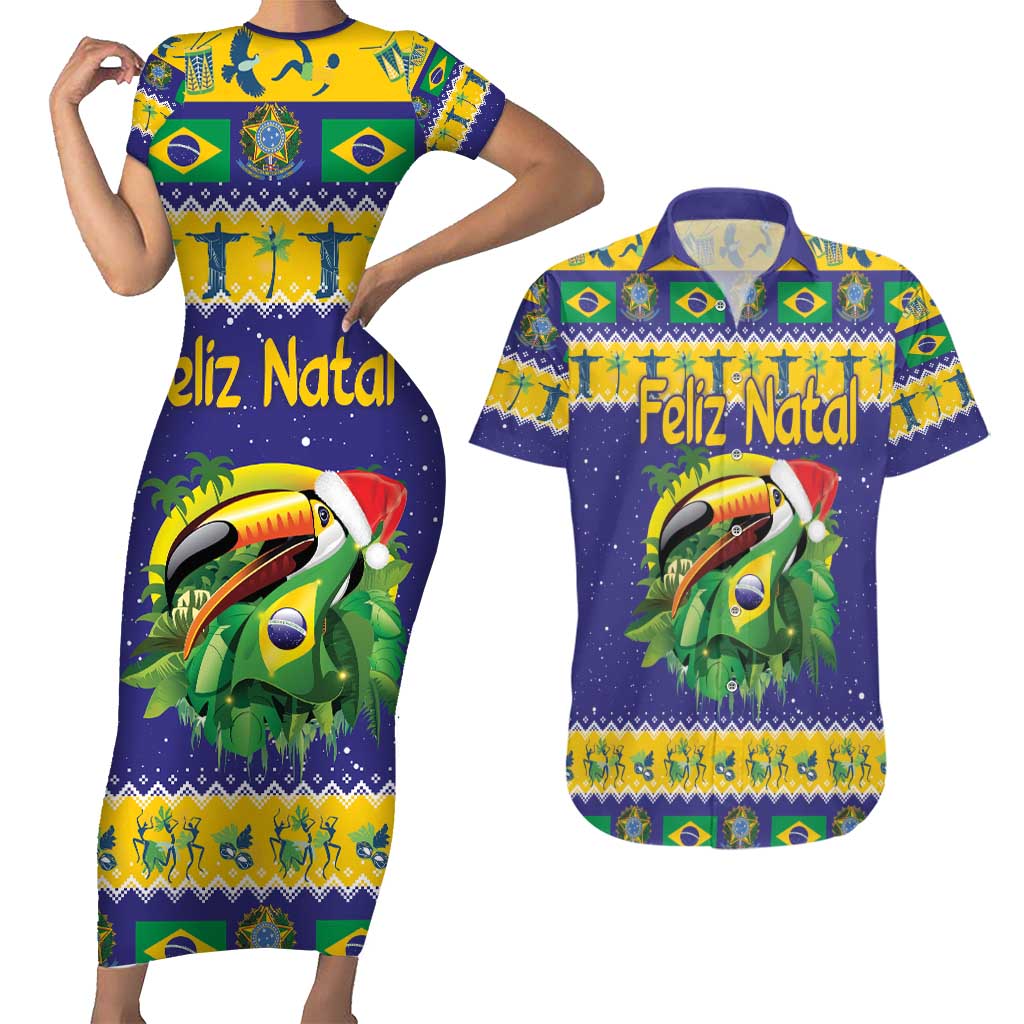 Personalized Brazil Christmas Couples Matching Short Sleeve Bodycon Dress and Hawaiian Shirt Toco Toucan with Brazil Flag - Wonder Print Shop