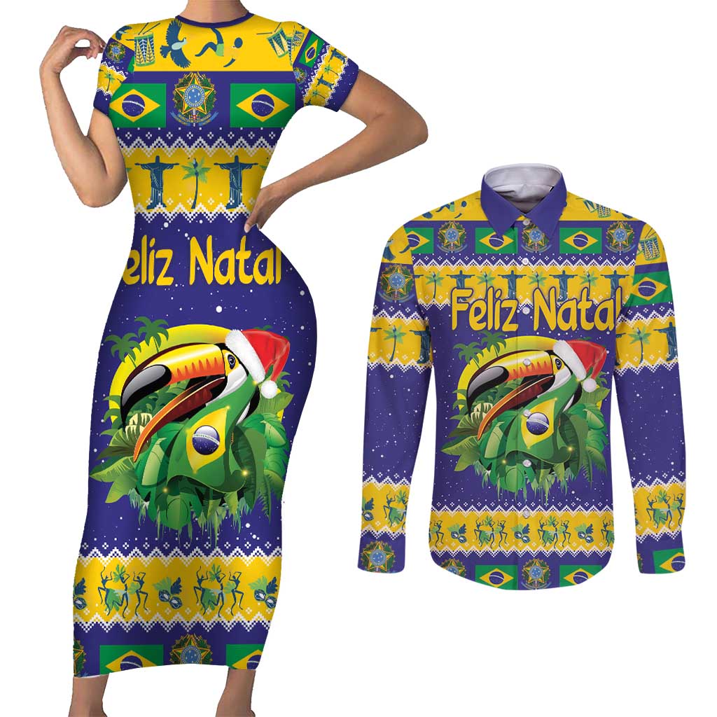 Personalized Brazil Christmas Couples Matching Short Sleeve Bodycon Dress and Long Sleeve Button Shirt Toco Toucan with Brazil Flag - Wonder Print Shop