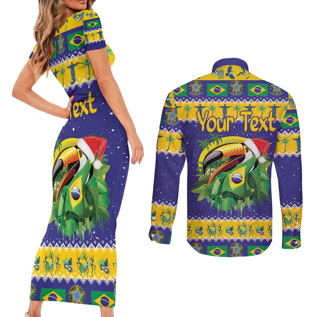 Personalized Brazil Christmas Couples Matching Short Sleeve Bodycon Dress and Long Sleeve Button Shirt Toco Toucan with Brazil Flag - Wonder Print Shop