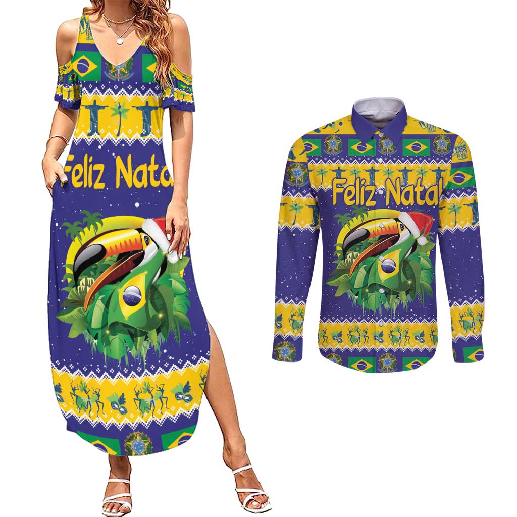 Personalized Brazil Christmas Couples Matching Summer Maxi Dress and Long Sleeve Button Shirt Toco Toucan with Brazil Flag - Wonder Print Shop