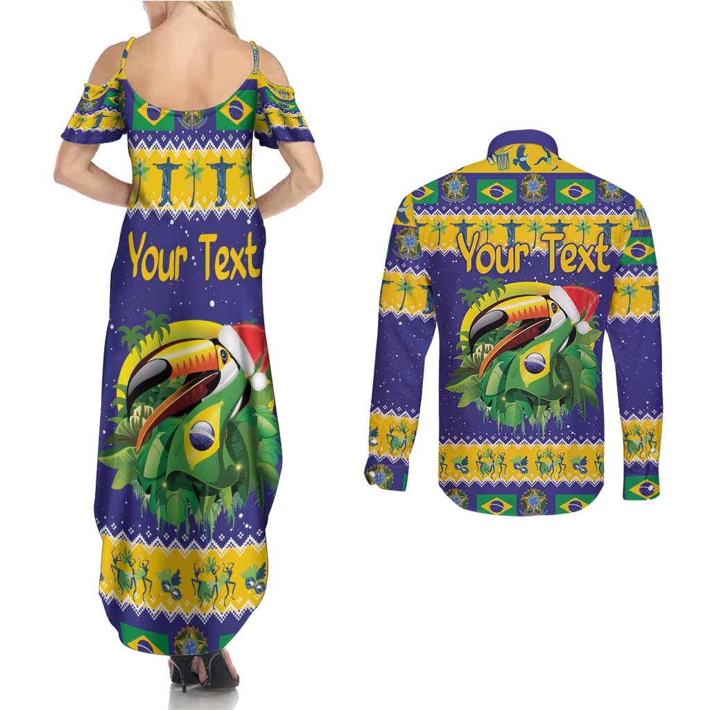 Personalized Brazil Christmas Couples Matching Summer Maxi Dress and Long Sleeve Button Shirt Toco Toucan with Brazil Flag - Wonder Print Shop