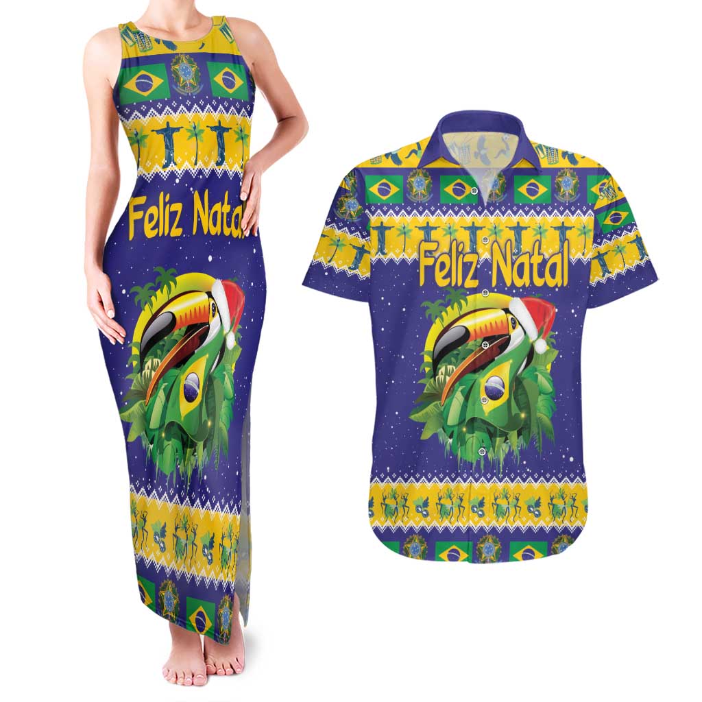 Personalized Brazil Christmas Couples Matching Tank Maxi Dress and Hawaiian Shirt Toco Toucan with Brazil Flag - Wonder Print Shop