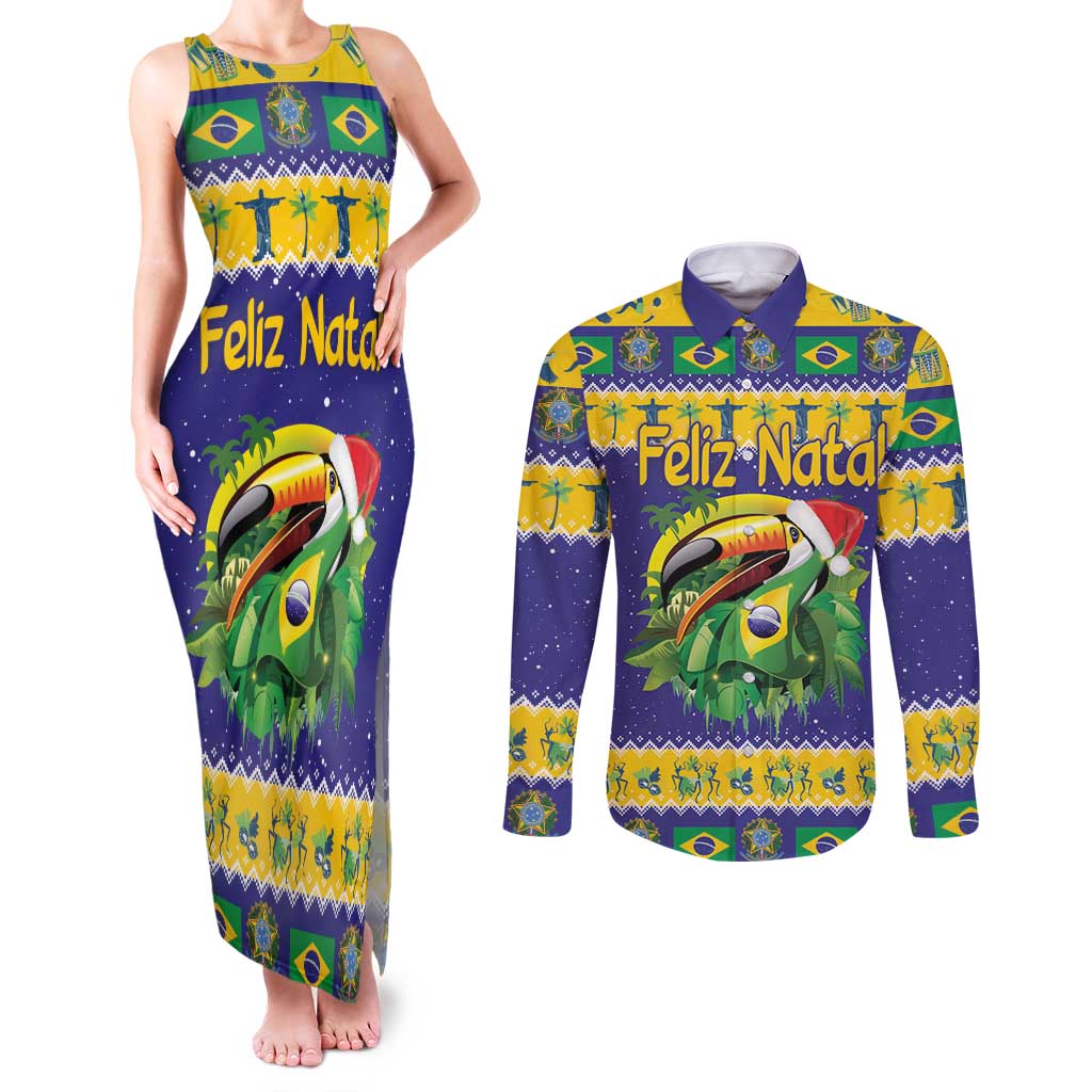 Personalized Brazil Christmas Couples Matching Tank Maxi Dress and Long Sleeve Button Shirt Toco Toucan with Brazil Flag - Wonder Print Shop