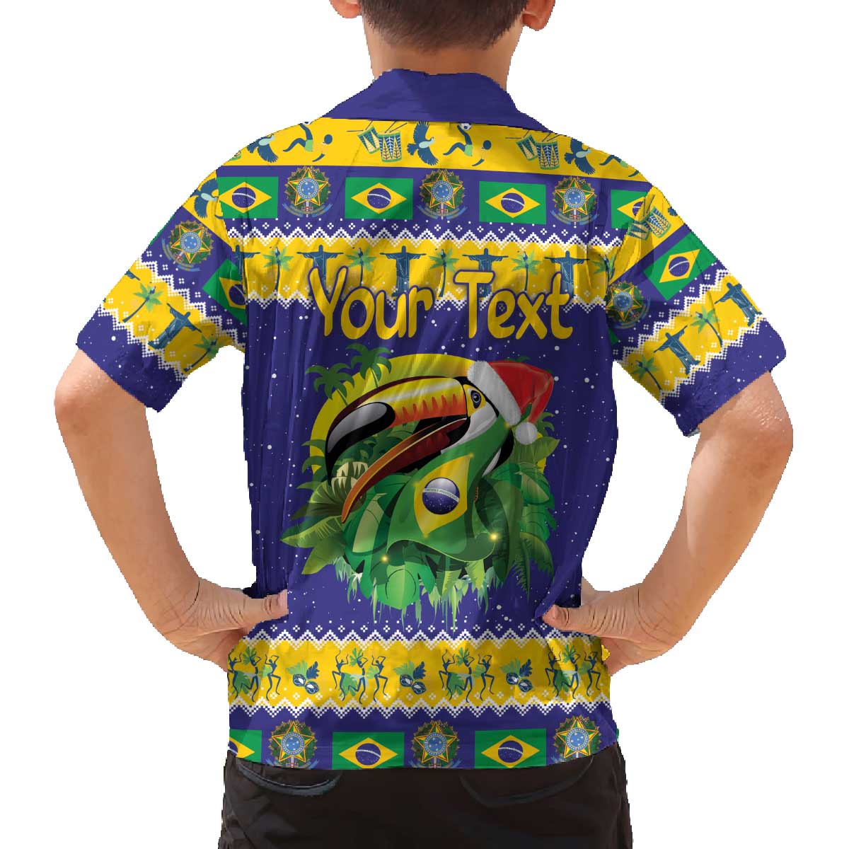 Personalized Brazil Christmas Family Matching Off The Shoulder Long Sleeve Dress and Hawaiian Shirt Toco Toucan with Brazil Flag - Wonder Print Shop