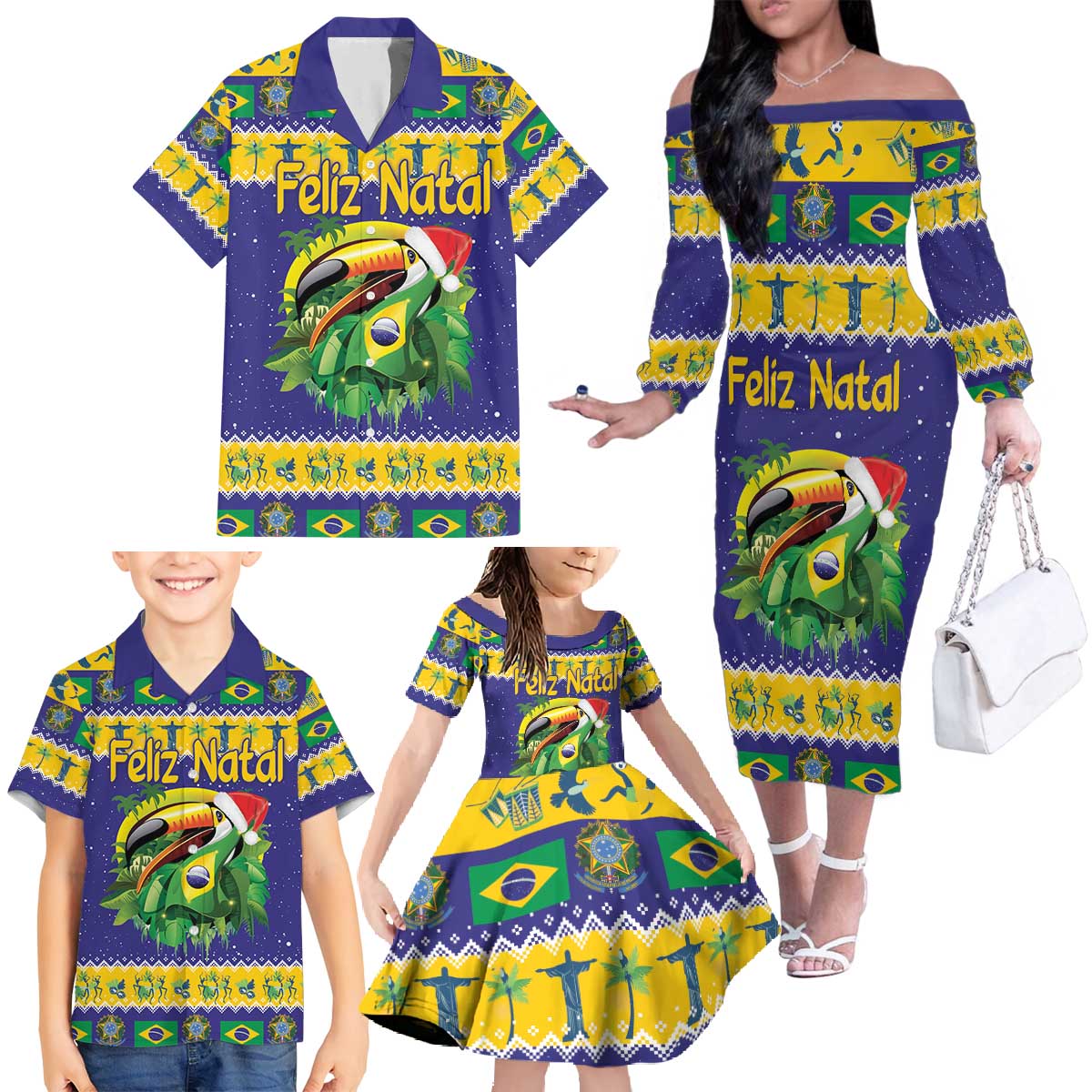 Personalized Brazil Christmas Family Matching Off The Shoulder Long Sleeve Dress and Hawaiian Shirt Toco Toucan with Brazil Flag - Wonder Print Shop