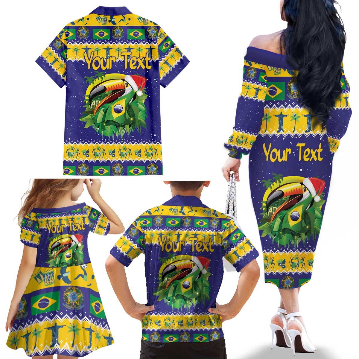 Personalized Brazil Christmas Family Matching Off The Shoulder Long Sleeve Dress and Hawaiian Shirt Toco Toucan with Brazil Flag - Wonder Print Shop