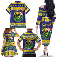 Personalized Brazil Christmas Family Matching Off The Shoulder Long Sleeve Dress and Hawaiian Shirt Toco Toucan with Brazil Flag - Wonder Print Shop