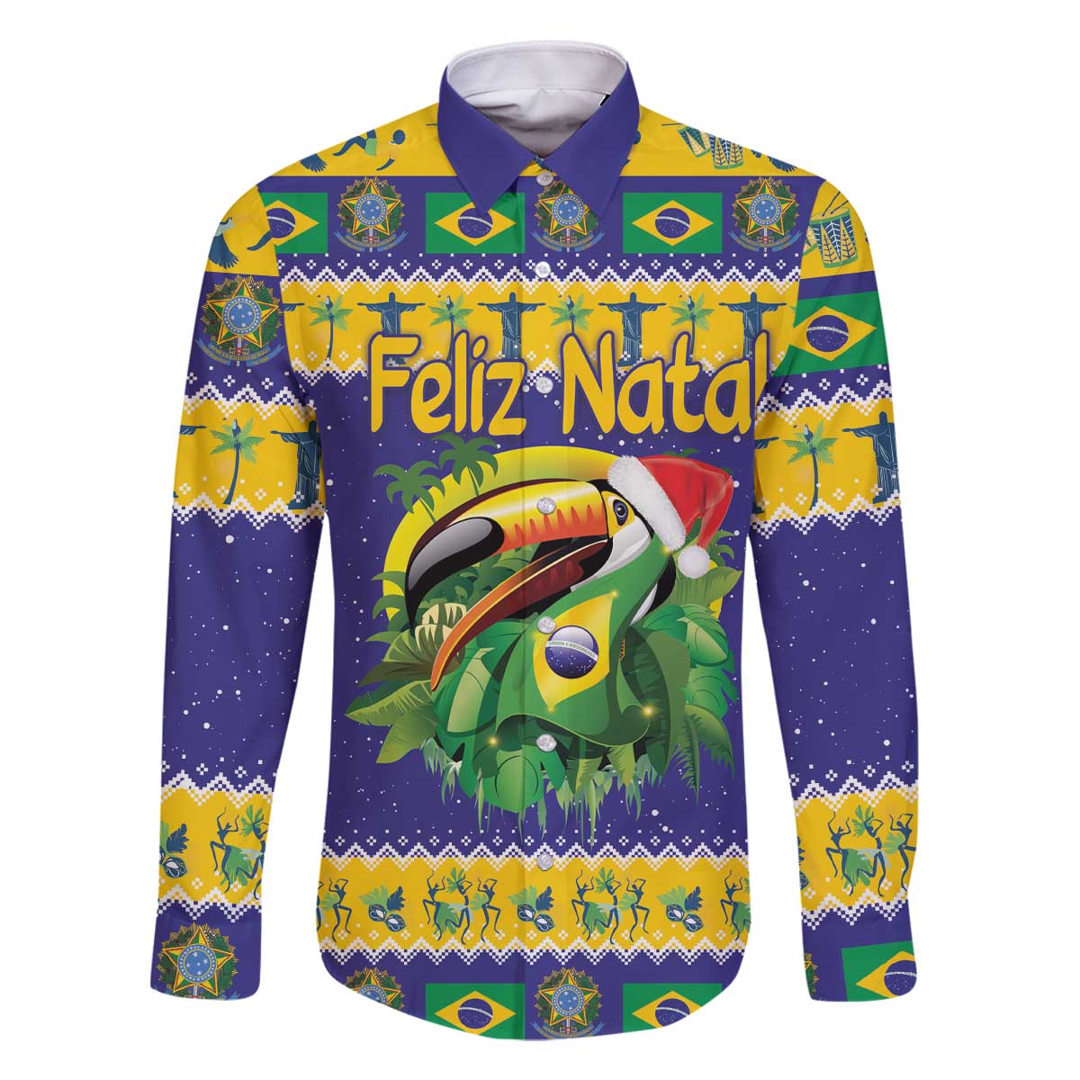 Personalized Brazil Christmas Family Matching Off The Shoulder Long Sleeve Dress and Hawaiian Shirt Toco Toucan with Brazil Flag - Wonder Print Shop