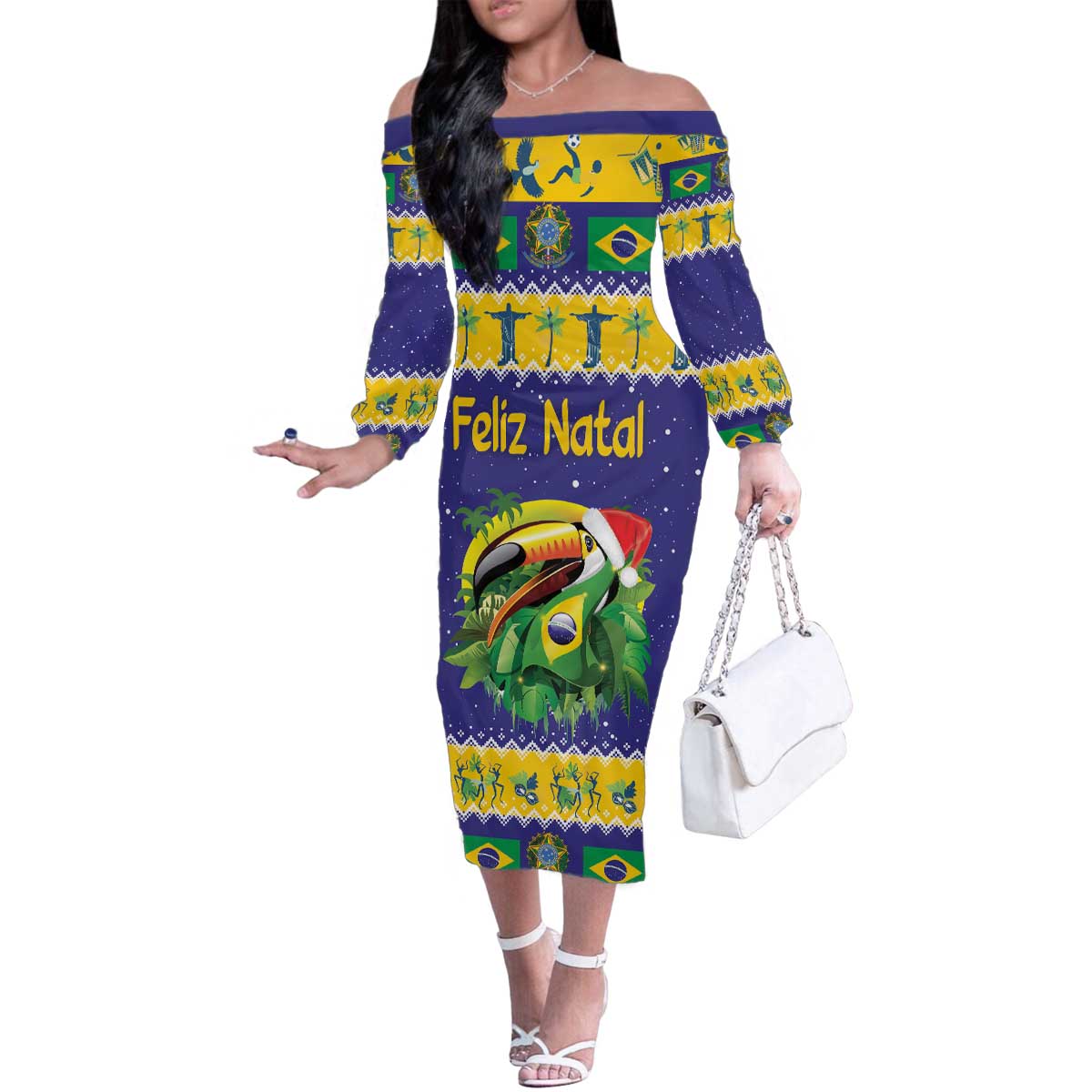 Personalized Brazil Christmas Family Matching Off The Shoulder Long Sleeve Dress and Hawaiian Shirt Toco Toucan with Brazil Flag - Wonder Print Shop