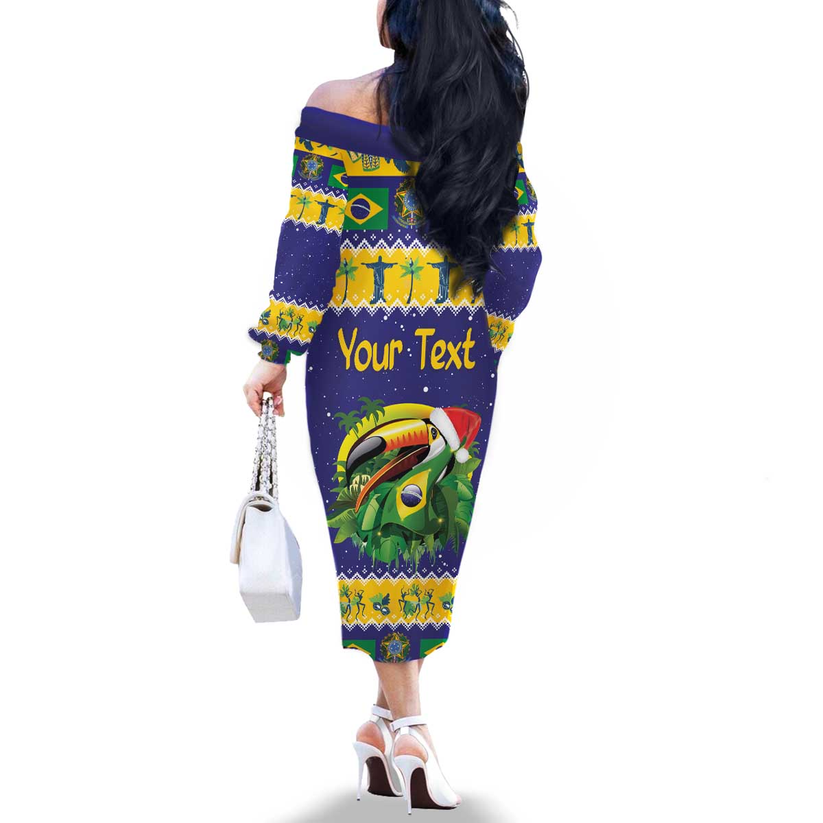 Personalized Brazil Christmas Family Matching Off The Shoulder Long Sleeve Dress and Hawaiian Shirt Toco Toucan with Brazil Flag - Wonder Print Shop