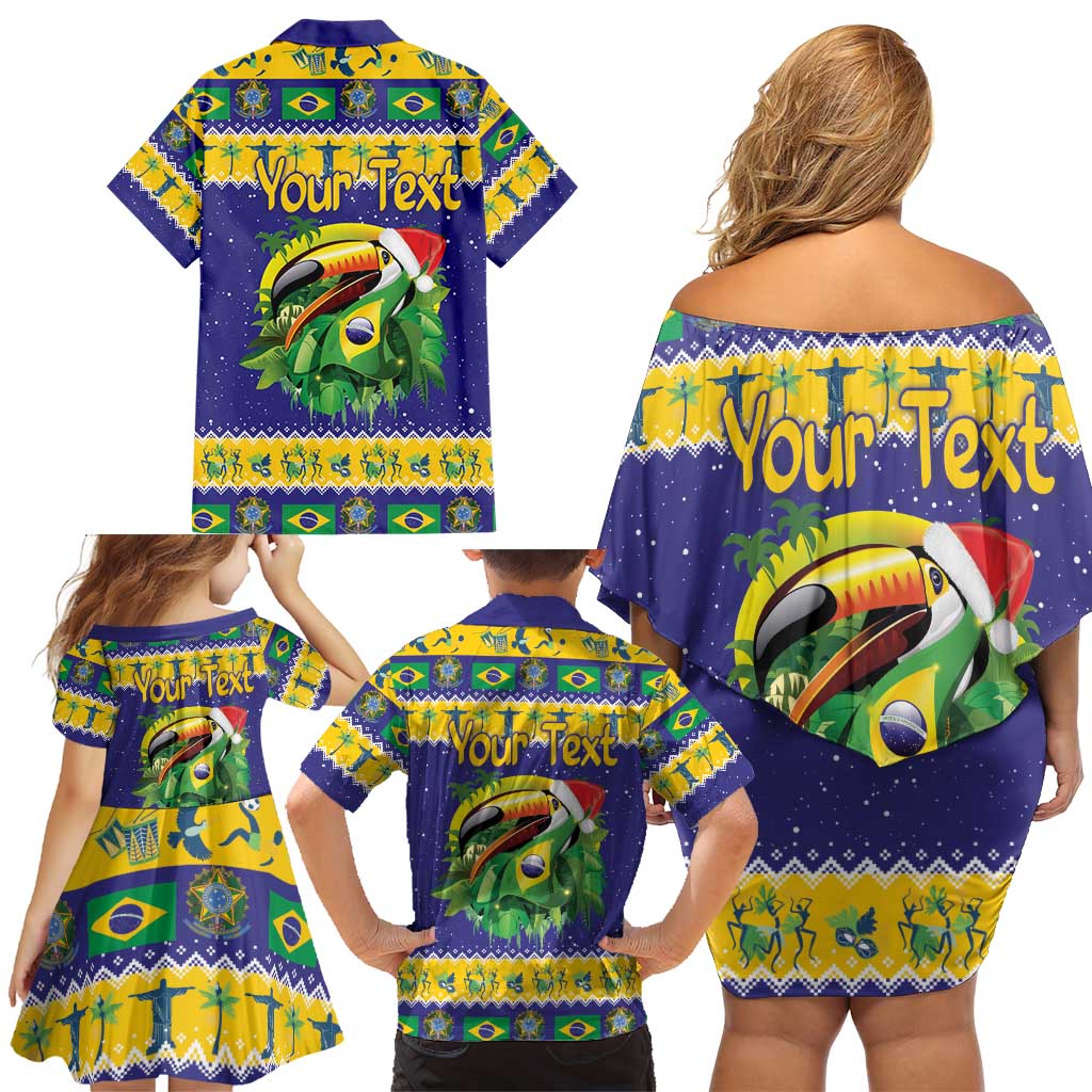 Personalized Brazil Christmas Family Matching Off Shoulder Short Dress and Hawaiian Shirt Toco Toucan with Brazil Flag - Wonder Print Shop