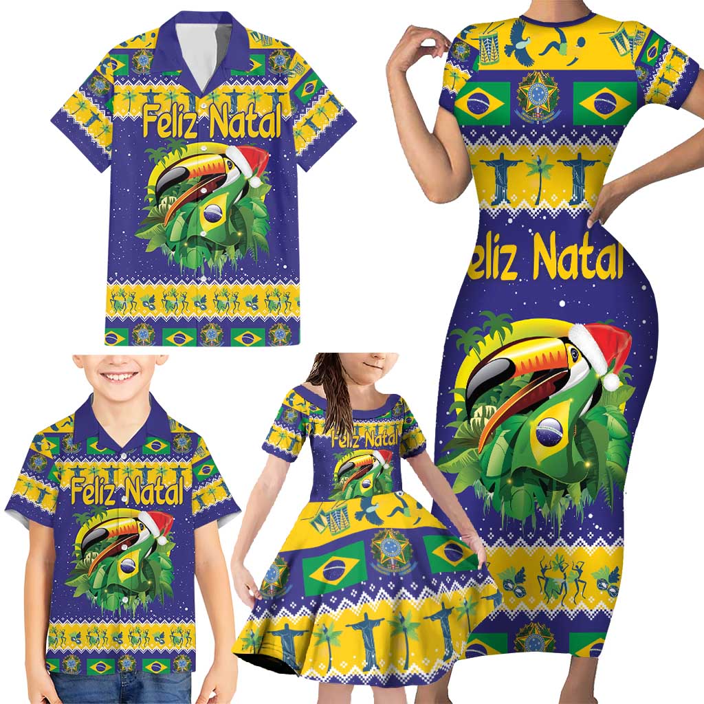 Personalized Brazil Christmas Family Matching Short Sleeve Bodycon Dress and Hawaiian Shirt Toco Toucan with Brazil Flag - Wonder Print Shop