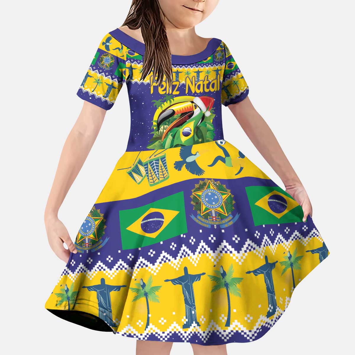 Personalized Brazil Christmas Kid Short Sleeve Dress Toco Toucan with Brazil Flag - Wonder Print Shop
