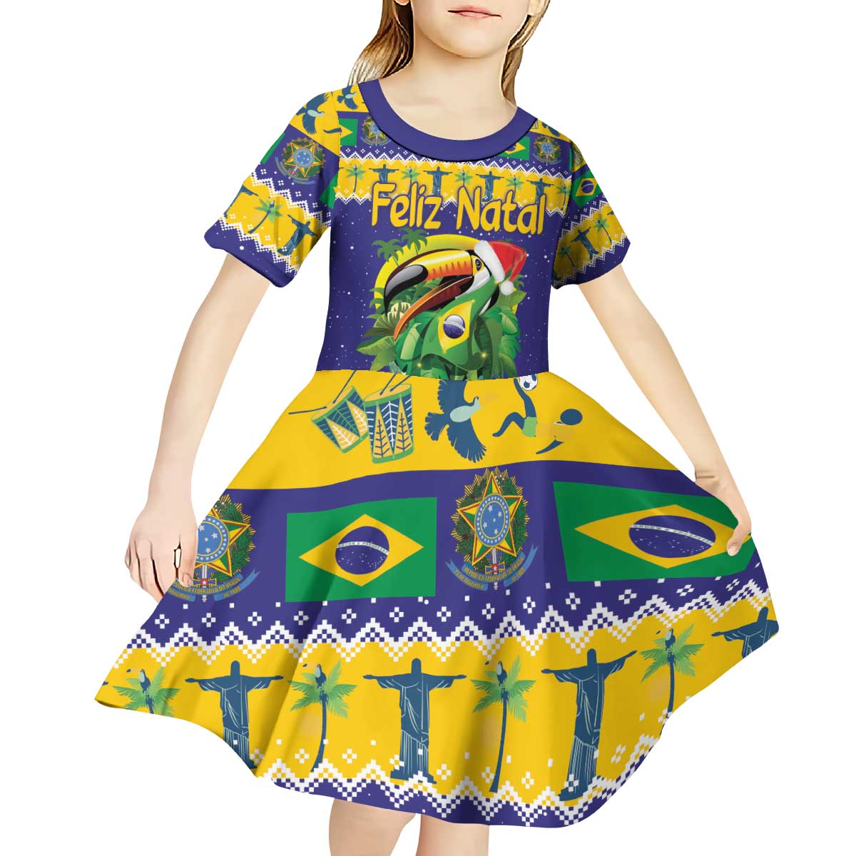 Personalized Brazil Christmas Kid Short Sleeve Dress Toco Toucan with Brazil Flag - Wonder Print Shop