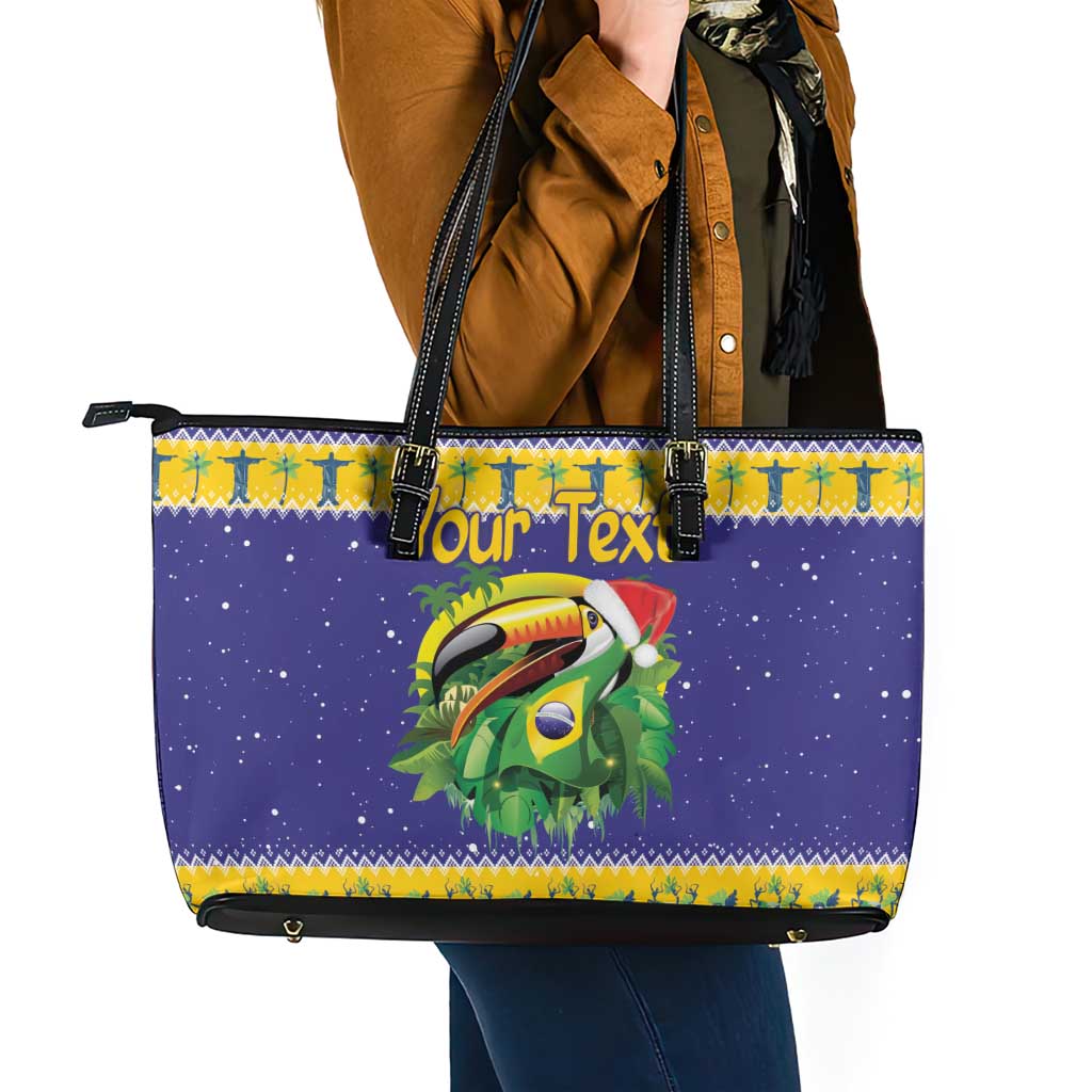 Personalized Brazil Christmas Leather Tote Bag Toco Toucan with Brazil Flag - Wonder Print Shop