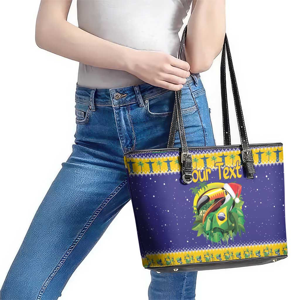 Personalized Brazil Christmas Leather Tote Bag Toco Toucan with Brazil Flag - Wonder Print Shop
