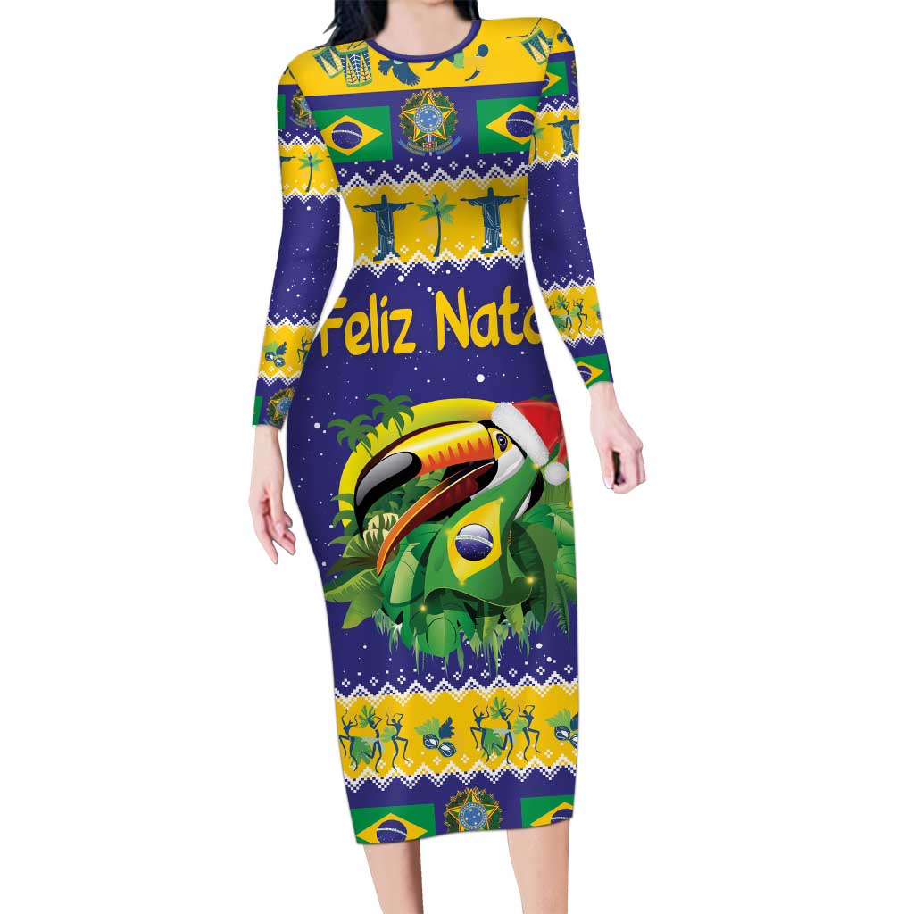 Personalized Brazil Christmas Long Sleeve Bodycon Dress Toco Toucan with Brazil Flag - Wonder Print Shop