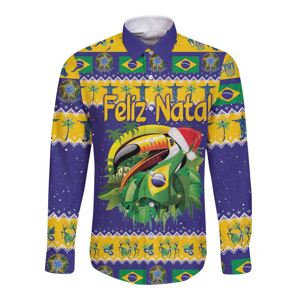 Personalized Brazil Christmas Long Sleeve Button Shirt Toco Toucan with Brazil Flag - Wonder Print Shop