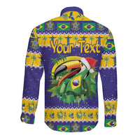 Personalized Brazil Christmas Long Sleeve Button Shirt Toco Toucan with Brazil Flag - Wonder Print Shop