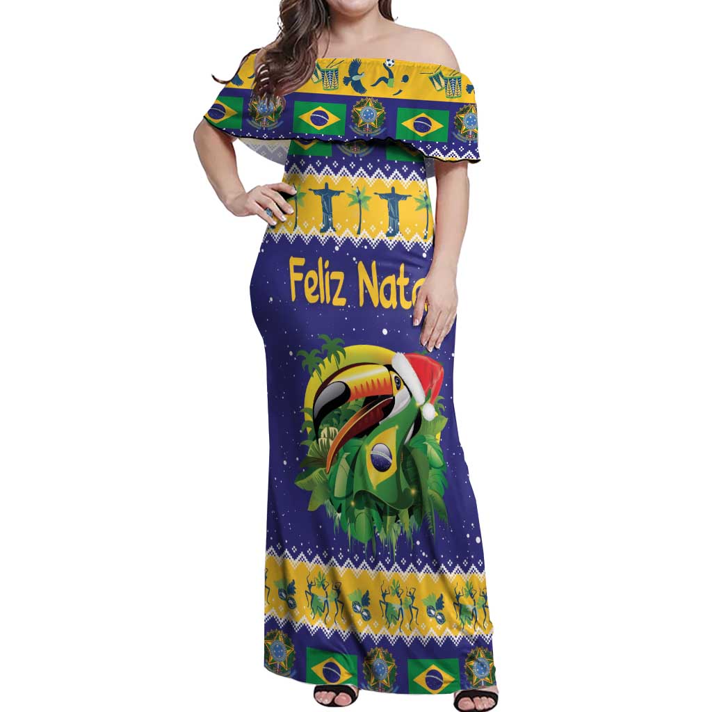 Personalized Brazil Christmas Off Shoulder Maxi Dress Toco Toucan with Brazil Flag - Wonder Print Shop
