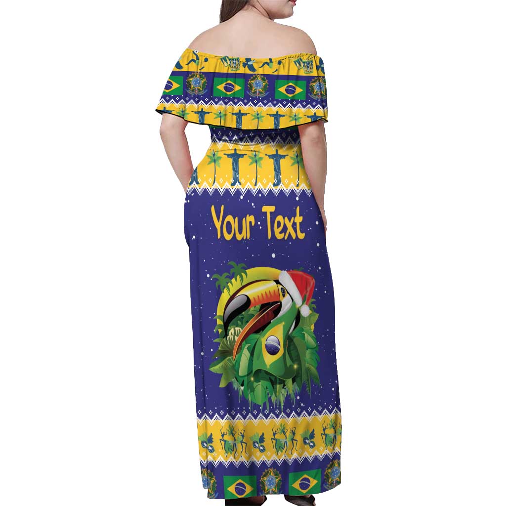 Personalized Brazil Christmas Off Shoulder Maxi Dress Toco Toucan with Brazil Flag - Wonder Print Shop