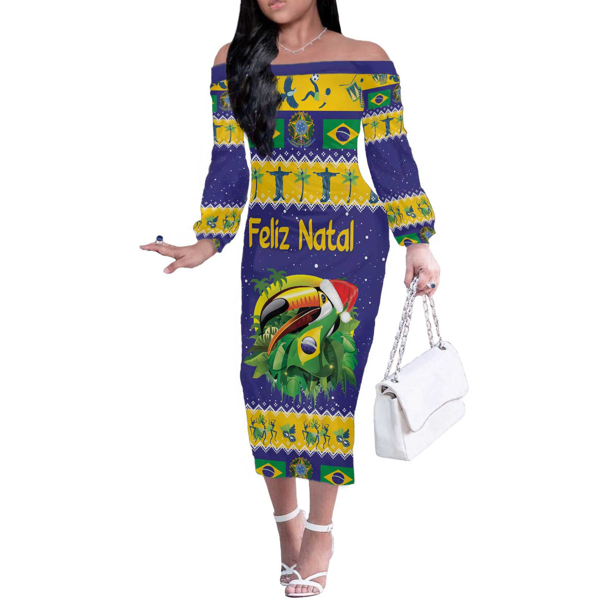 Personalized Brazil Christmas Off The Shoulder Long Sleeve Dress Toco Toucan with Brazil Flag - Wonder Print Shop