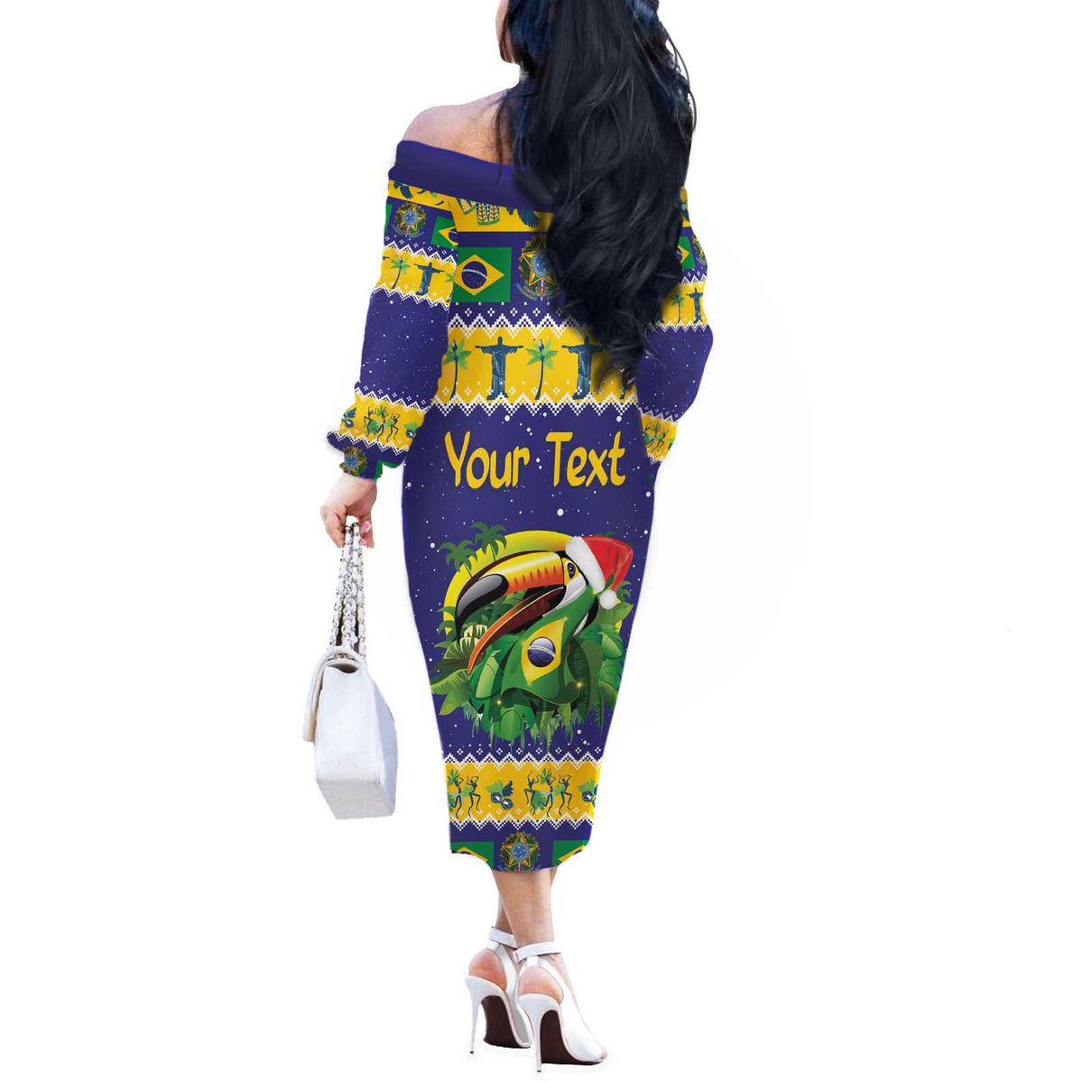 Personalized Brazil Christmas Off The Shoulder Long Sleeve Dress Toco Toucan with Brazil Flag - Wonder Print Shop