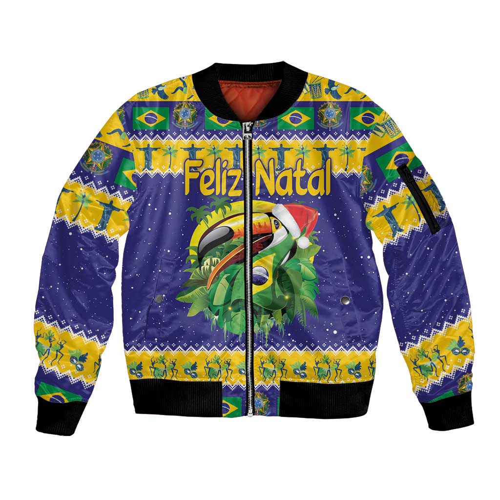Personalized Brazil Christmas Sleeve Zip Bomber Jacket Toco Toucan with Brazil Flag - Wonder Print Shop