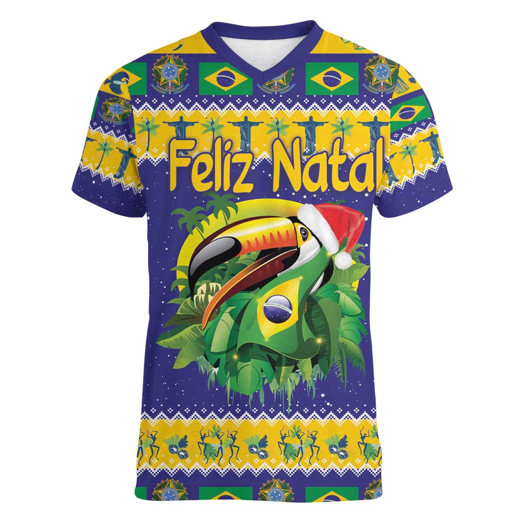 Personalized Brazil Christmas Women V-Neck T-Shirt Toco Toucan with Brazil Flag - Wonder Print Shop