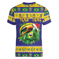 Personalized Brazil Christmas Women V-Neck T-Shirt Toco Toucan with Brazil Flag - Wonder Print Shop