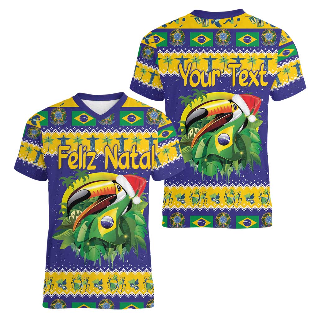 Personalized Brazil Christmas Women V-Neck T-Shirt Toco Toucan with Brazil Flag - Wonder Print Shop