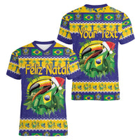 Personalized Brazil Christmas Women V-Neck T-Shirt Toco Toucan with Brazil Flag - Wonder Print Shop