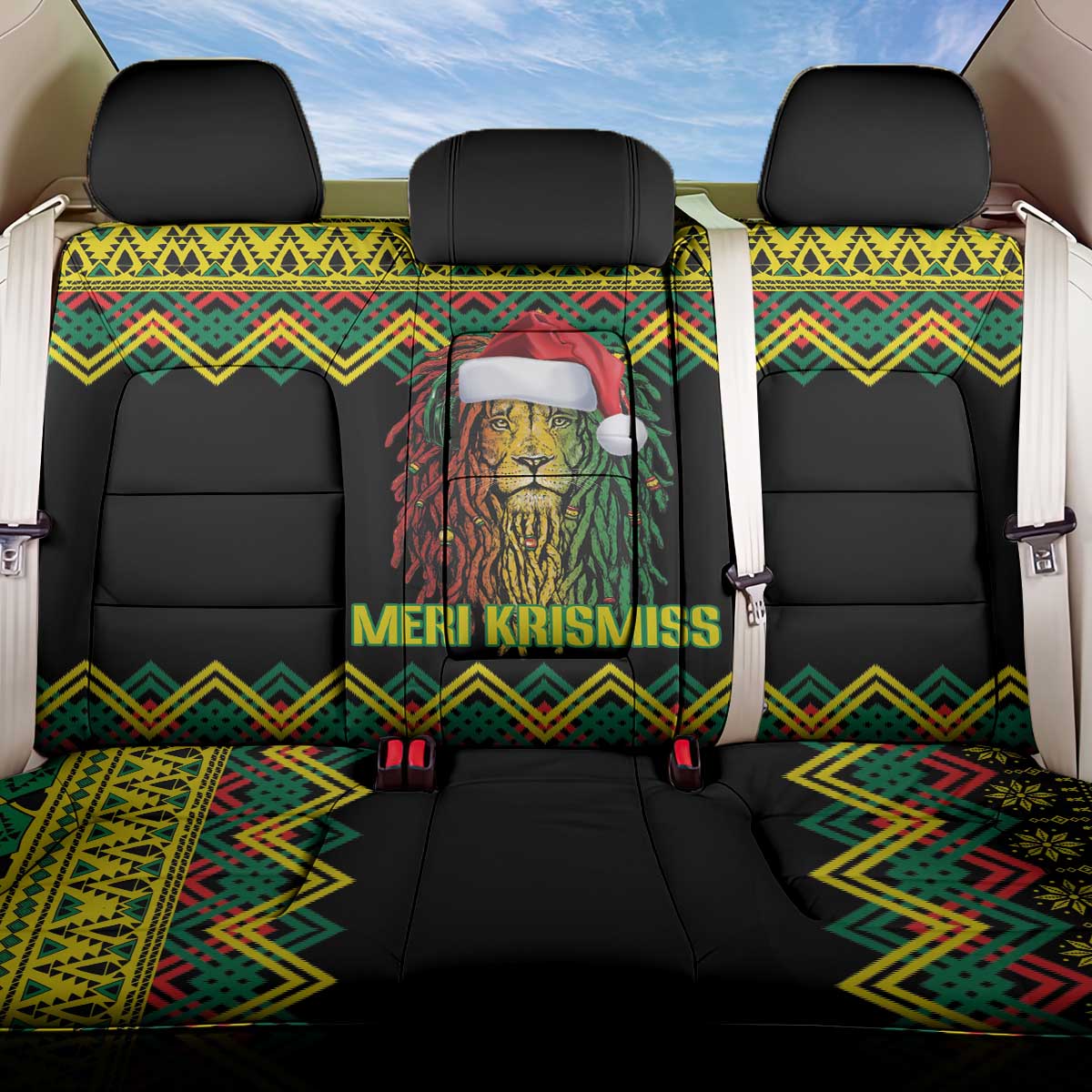 Jamaica Reggae Lion Christmas Back Car Seat Cover Kente Pattern Meri Krismiss - Wonder Print Shop