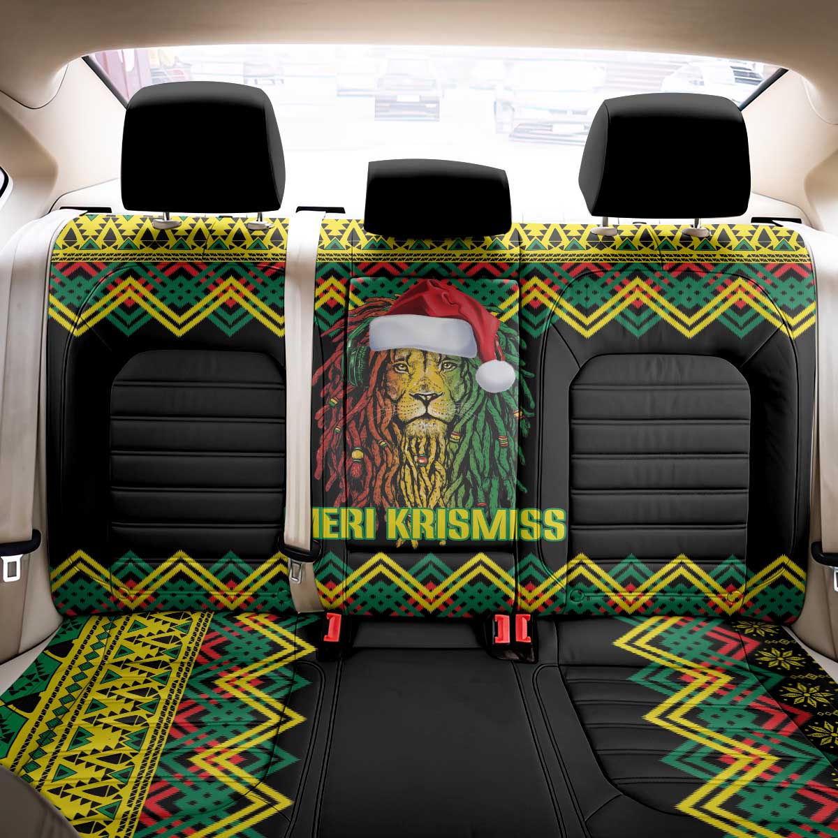 Jamaica Reggae Lion Christmas Back Car Seat Cover Kente Pattern Meri Krismiss - Wonder Print Shop