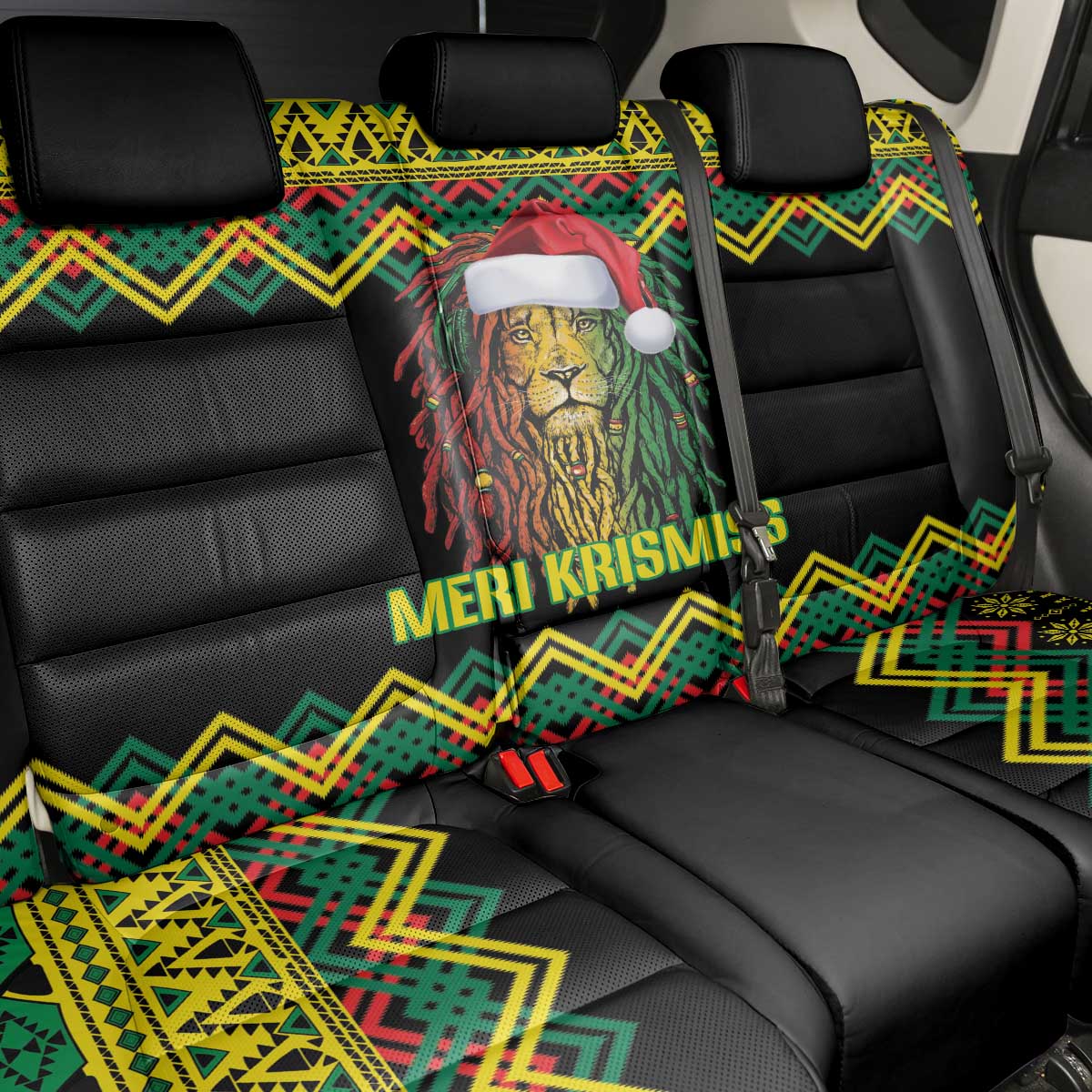 Jamaica Reggae Lion Christmas Back Car Seat Cover Kente Pattern Meri Krismiss - Wonder Print Shop