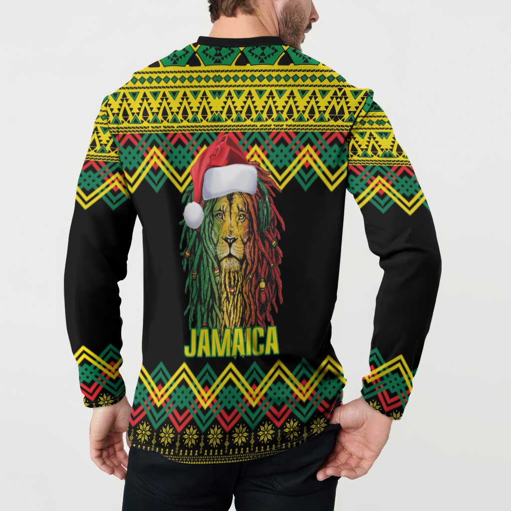 Jamaica Reggae Lion Christmas Button Sweatshirt Kente Pattern Meri Krismiss - Wonder Print Shop