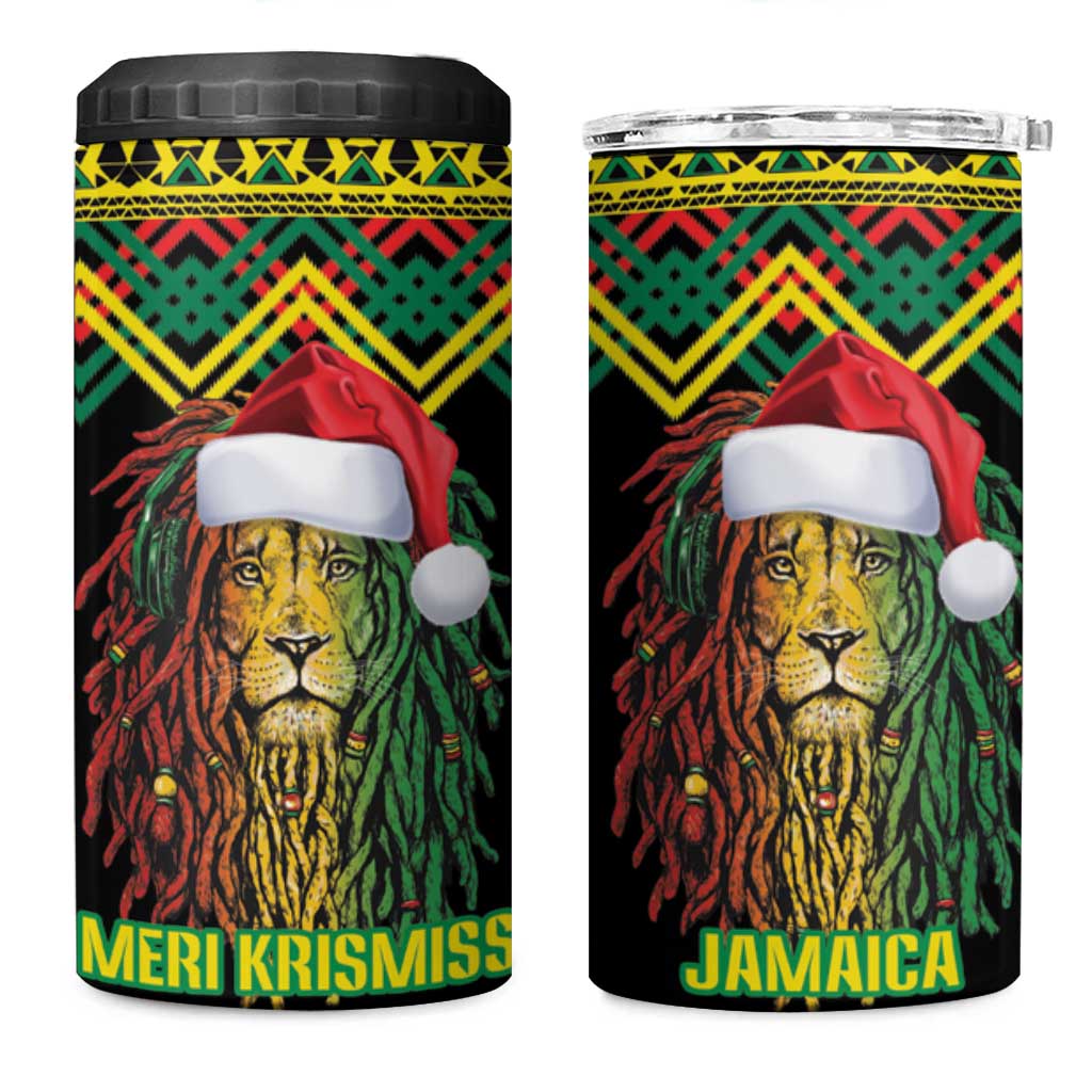 Jamaica Reggae Lion Christmas 4 in 1 Can Cooler Tumbler Kente Pattern Meri Krismiss - Wonder Print Shop