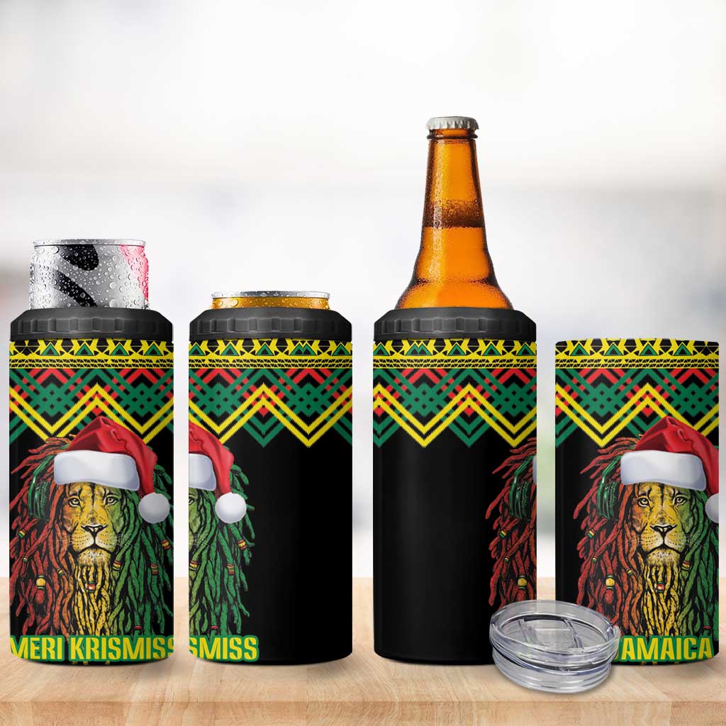 Jamaica Reggae Lion Christmas 4 in 1 Can Cooler Tumbler Kente Pattern Meri Krismiss - Wonder Print Shop
