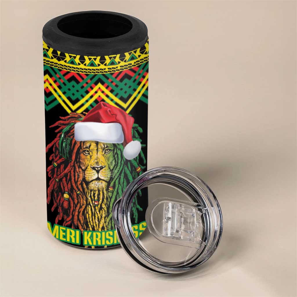 Jamaica Reggae Lion Christmas 4 in 1 Can Cooler Tumbler Kente Pattern Meri Krismiss - Wonder Print Shop