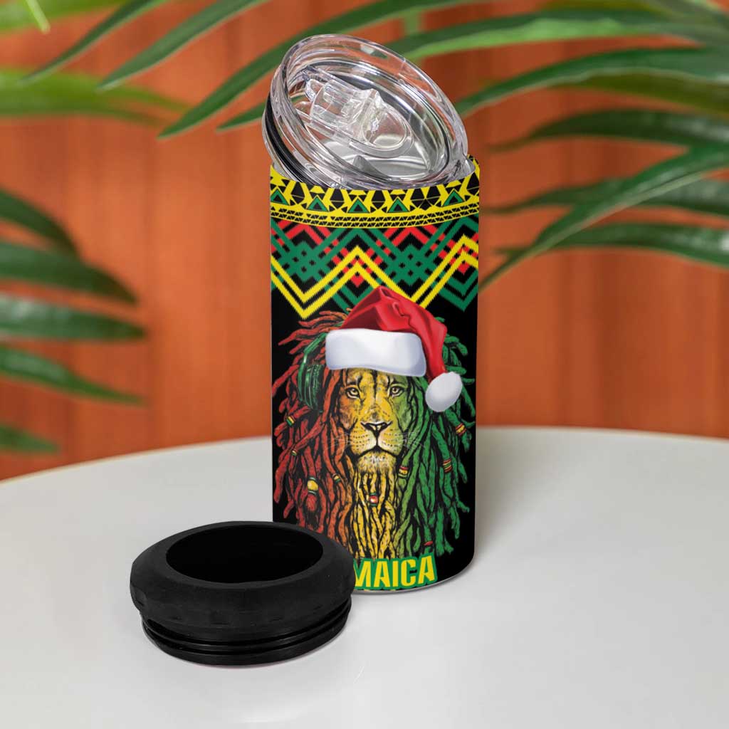 Jamaica Reggae Lion Christmas 4 in 1 Can Cooler Tumbler Kente Pattern Meri Krismiss - Wonder Print Shop