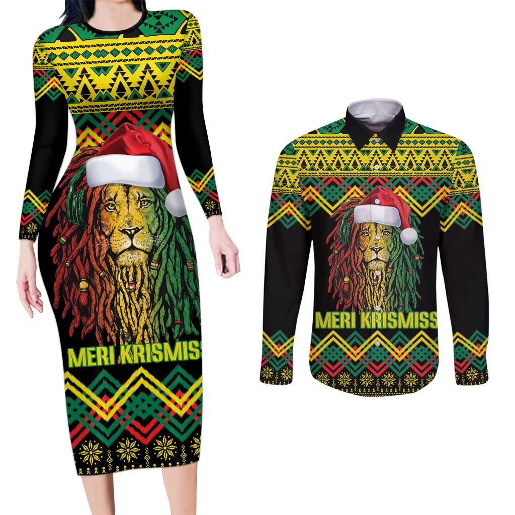 Jamaica Reggae Lion Christmas Couples Matching Long Sleeve Bodycon Dress and Long Sleeve Button Shirt Kente Pattern Meri Krismiss - Wonder Print Shop