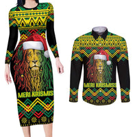 Jamaica Reggae Lion Christmas Couples Matching Long Sleeve Bodycon Dress and Long Sleeve Button Shirt Kente Pattern Meri Krismiss - Wonder Print Shop