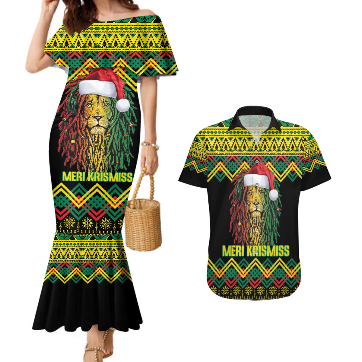 Jamaica Reggae Lion Christmas Couples Matching Mermaid Dress and Hawaiian Shirt Kente Pattern Meri Krismiss - Wonder Print Shop