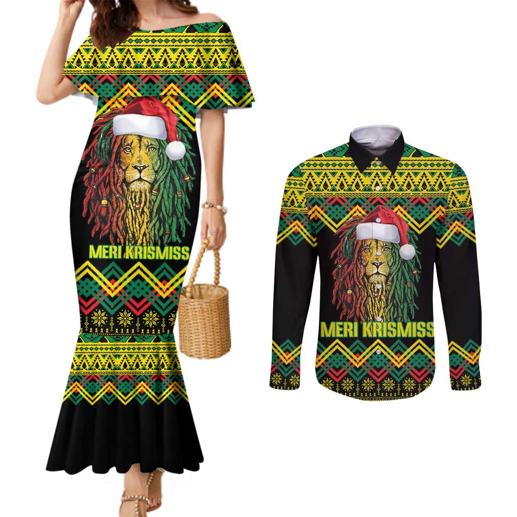 Jamaica Reggae Lion Christmas Couples Matching Mermaid Dress and Long Sleeve Button Shirt Kente Pattern Meri Krismiss