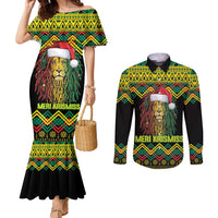 Jamaica Reggae Lion Christmas Couples Matching Mermaid Dress and Long Sleeve Button Shirt Kente Pattern Meri Krismiss