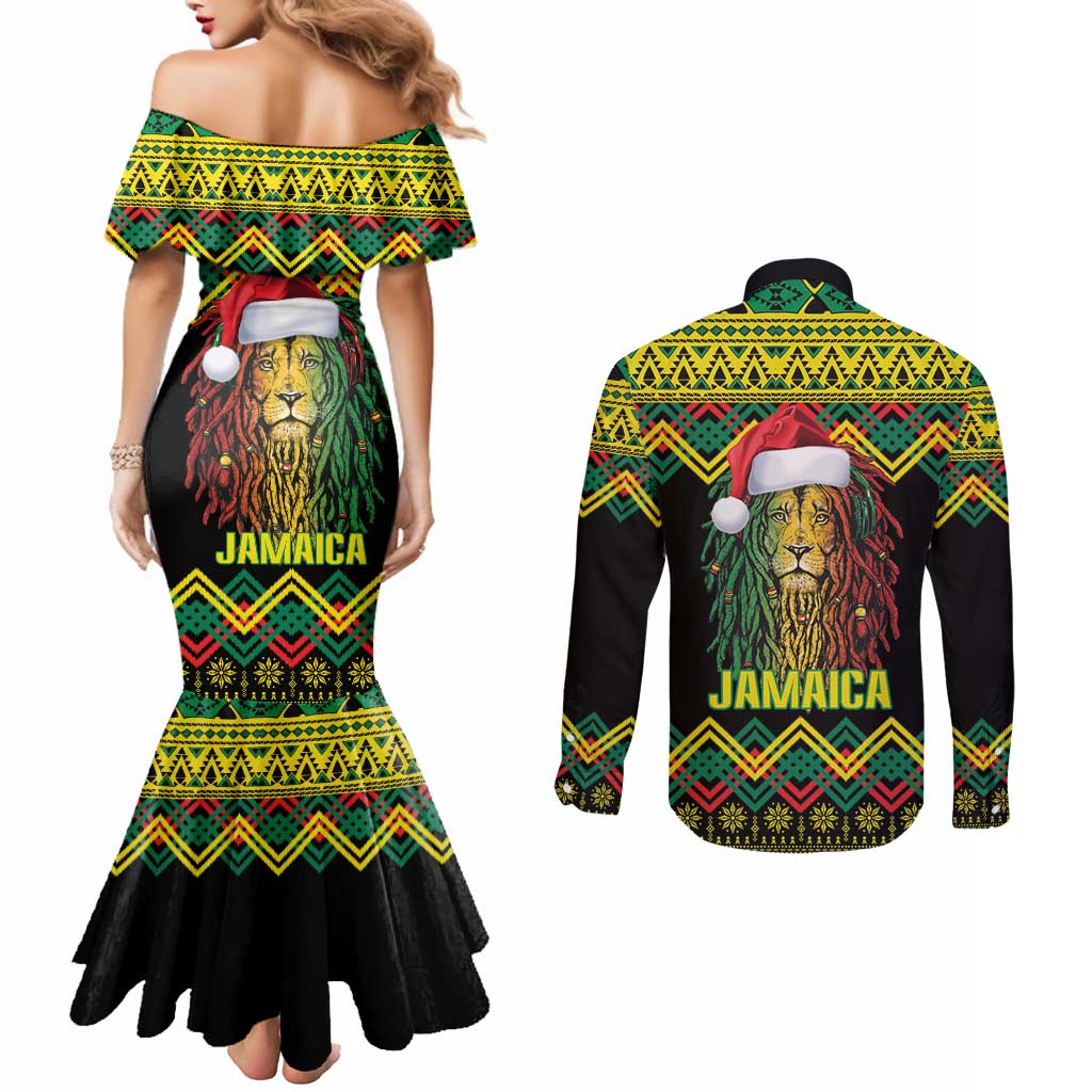 Jamaica Reggae Lion Christmas Couples Matching Mermaid Dress and Long Sleeve Button Shirt Kente Pattern Meri Krismiss