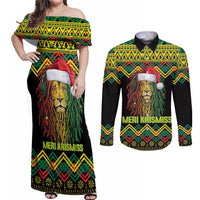 Jamaica Reggae Lion Christmas Couples Matching Off Shoulder Maxi Dress and Long Sleeve Button Shirt Kente Pattern Meri Krismiss - Wonder Print Shop