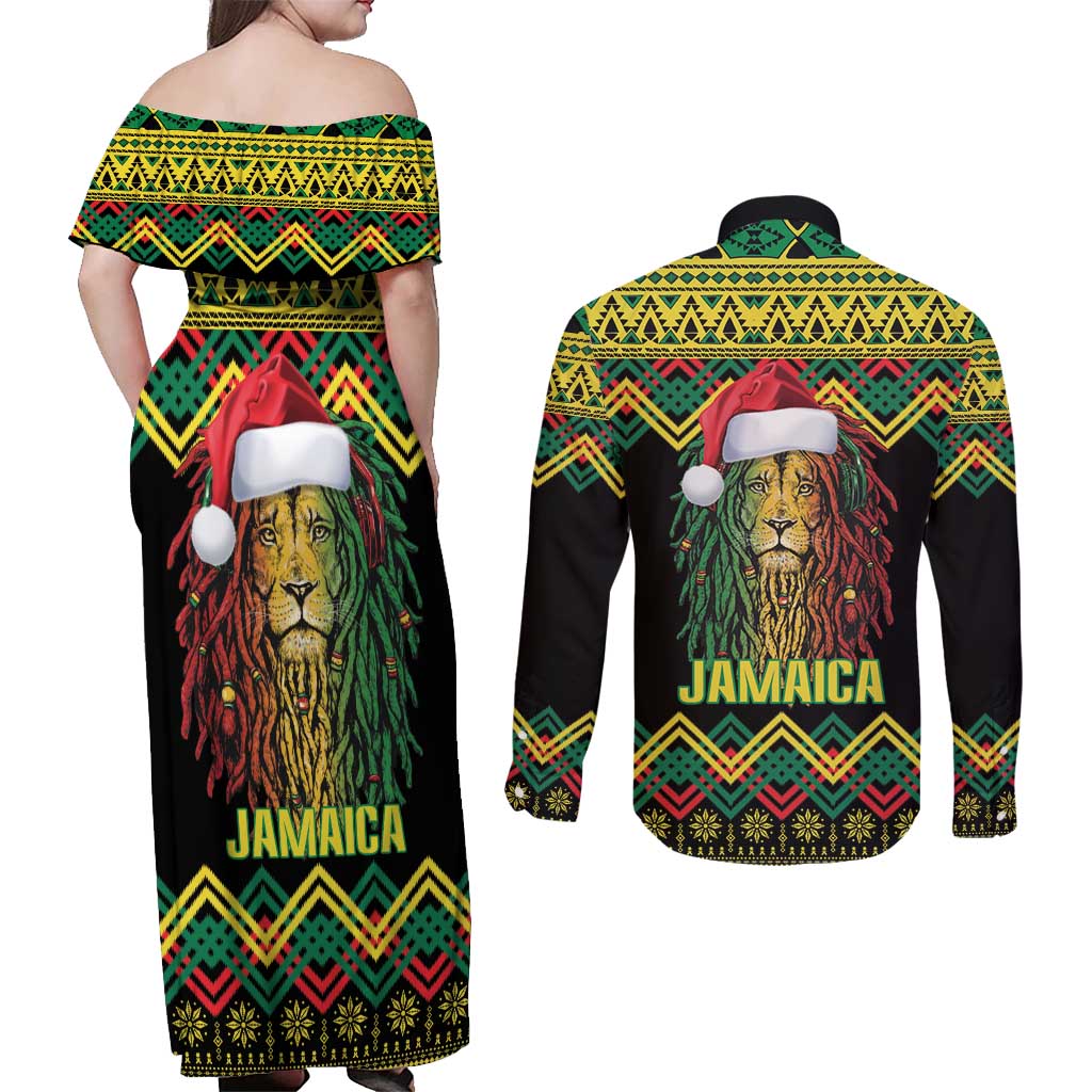 Jamaica Reggae Lion Christmas Couples Matching Off Shoulder Maxi Dress and Long Sleeve Button Shirt Kente Pattern Meri Krismiss - Wonder Print Shop